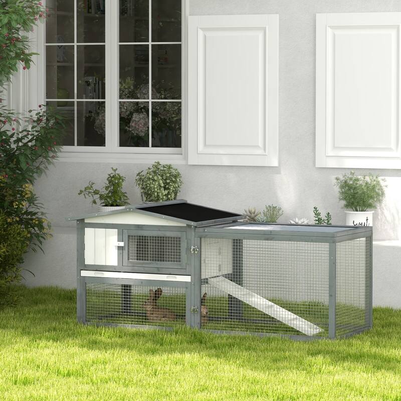 Grey Wooden Playpen Cage with Detachable Run Ramp Tray and Window Fence - 61.5"L x 22.75"W x 26.75"H