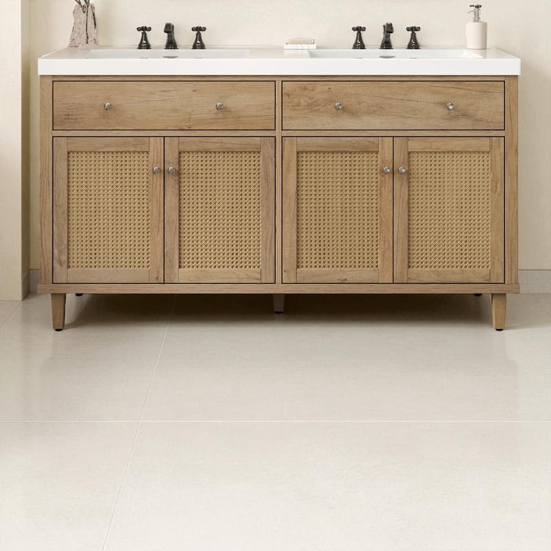 60" Double Sink Bathroom Vanity with SMC Integrated Top, Soft Close Doors, Tip-Out Trays and Rattan Front Cabinets