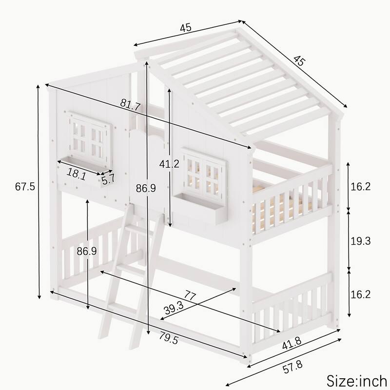 Twin over Twin House Bunk Bed with Roof