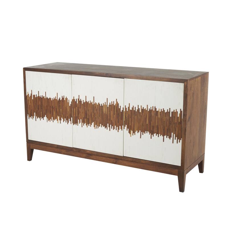 Brown or Black Mango Wood 3 Door and 3 Shelf Abstract Media Credenza Sideboard with White Front and Striped Pattern