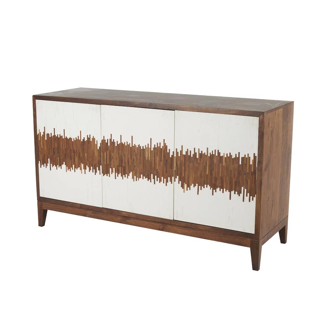 Mango Wood Abstract 3 Door and 3 Shelf Sideboard with White Front and Striped Pattern - Brown or Black - Roche River Decor
