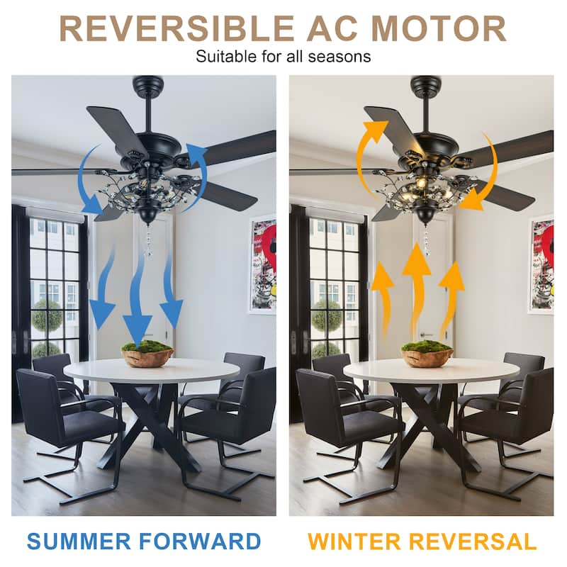 Bella Depot 52-inch Modern Crystal Ceiling Fan with Light Kit and Remote, 6-Speed Reversible Fandelier - 52"