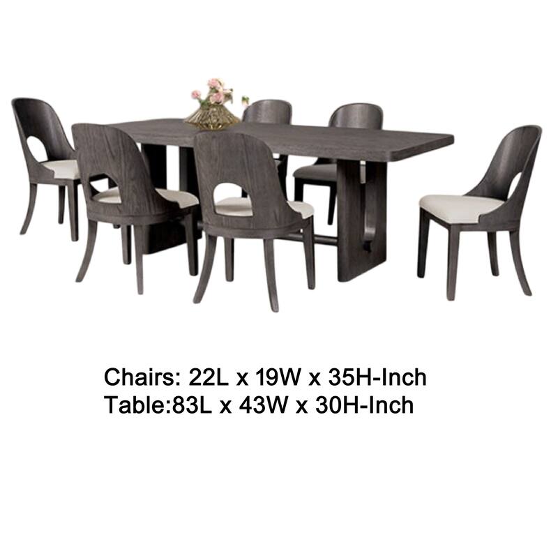 Zoko 7pc Dining Table Set, White Polyester Chairs, Ash Gray Rubberwood
