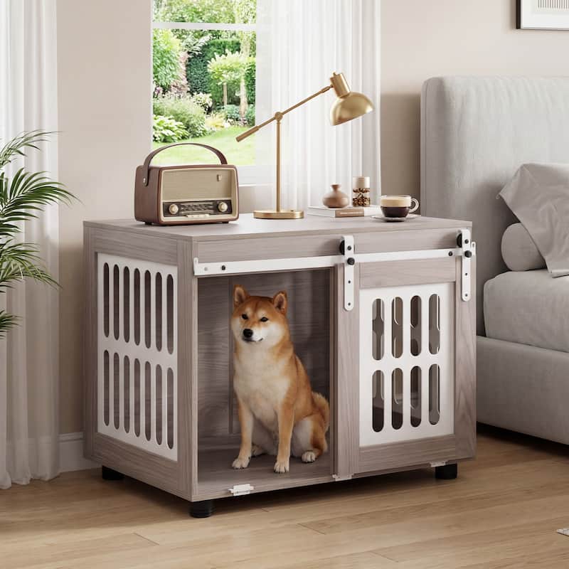 Gymax 31.5'' Dog Crate Furniture w/Sliding Barn Door for Living Room