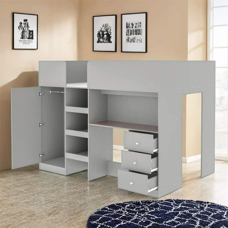 Wood Full Size Loft Bed with Built-in Wardrobe,Desk,Storage Shelves