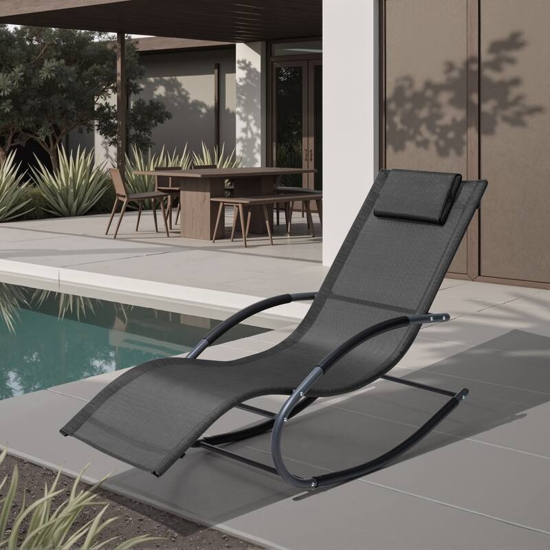 Outdoor Patio Rocking Chair Curved Rocker Chaise Lounge Chair with Pillow - 57.87" L x 24.70" W x 35.43" H - Black