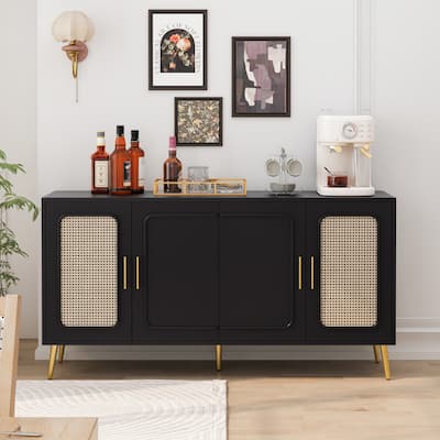 59.84" Vintage Four-Door Cabinet, Plastic Rattan, Suitable For Living Room, Dining Room, Bedroom