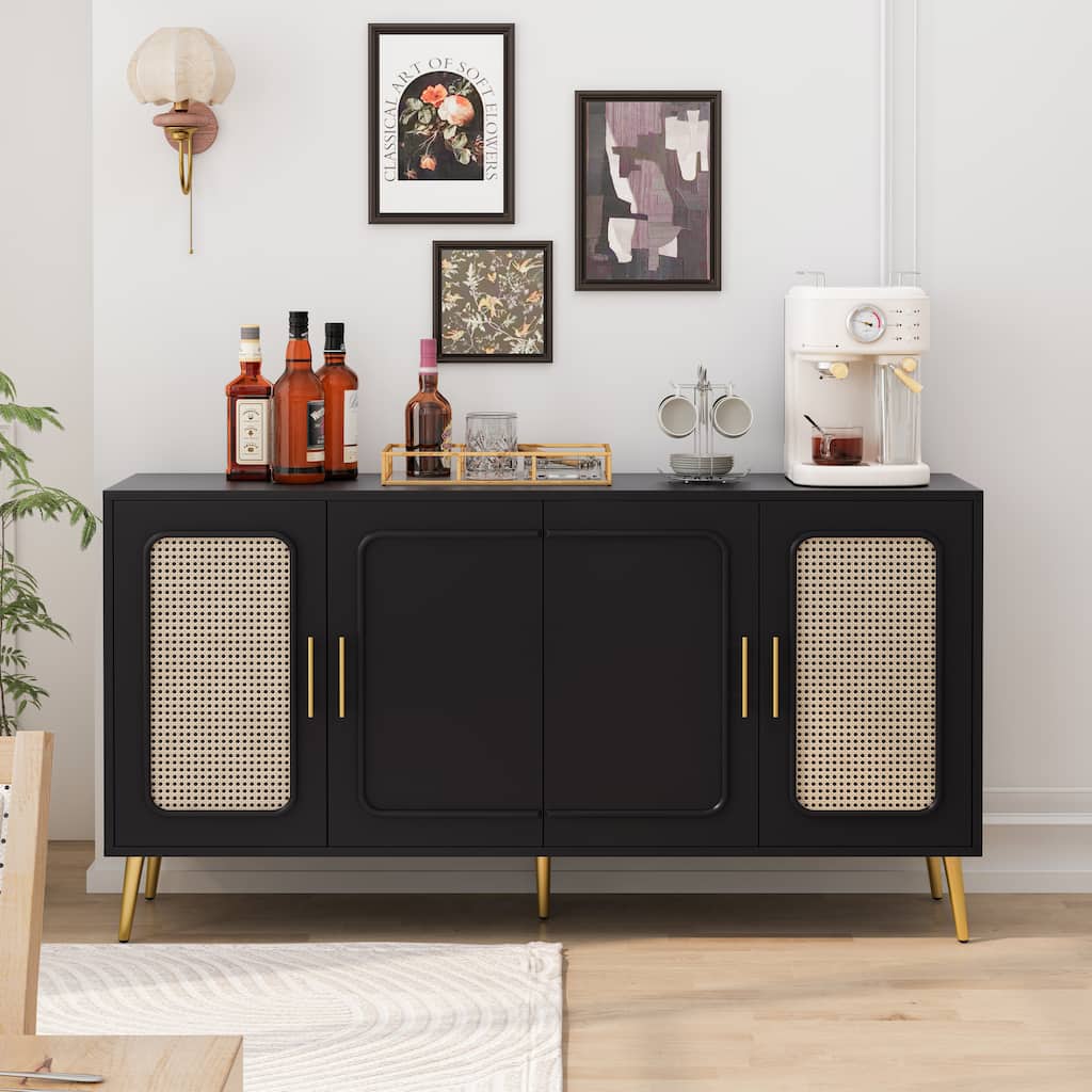 59.84" Vintage Four-Door Cabinet, Plastic Rattan, Suitable For Living Room, Dining Room, Bedroom