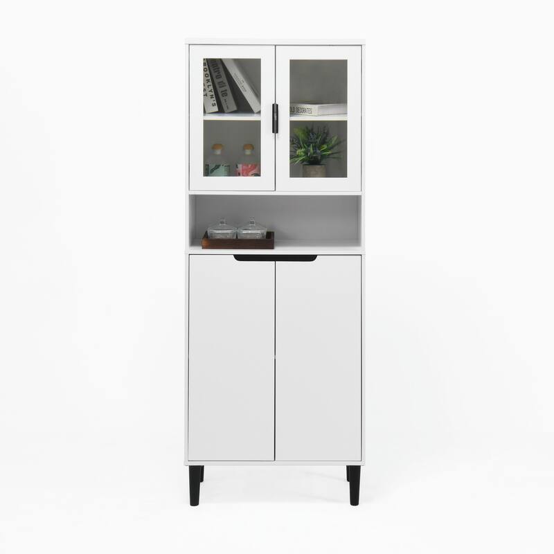 Tall Kitchen Pantry Cabinet with 2 Glass Display Doors & 2 Solid Doors