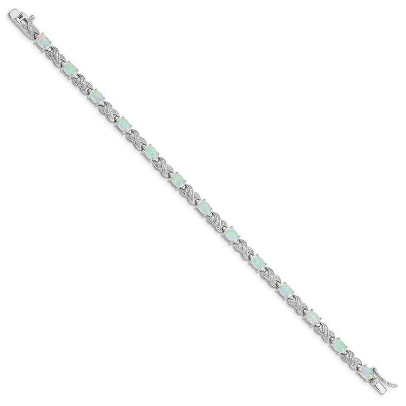 Curata 925 Sterling Silver Polished Box Catch Closure Simulated Opal and Diamond Bracelet 7 Inch Box Clasp