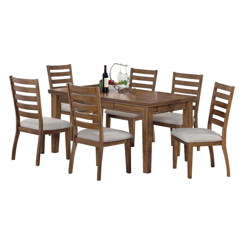 Teby 7pc Dining Table Chair Set, Walnut Brown Wood, Light Gray Linen