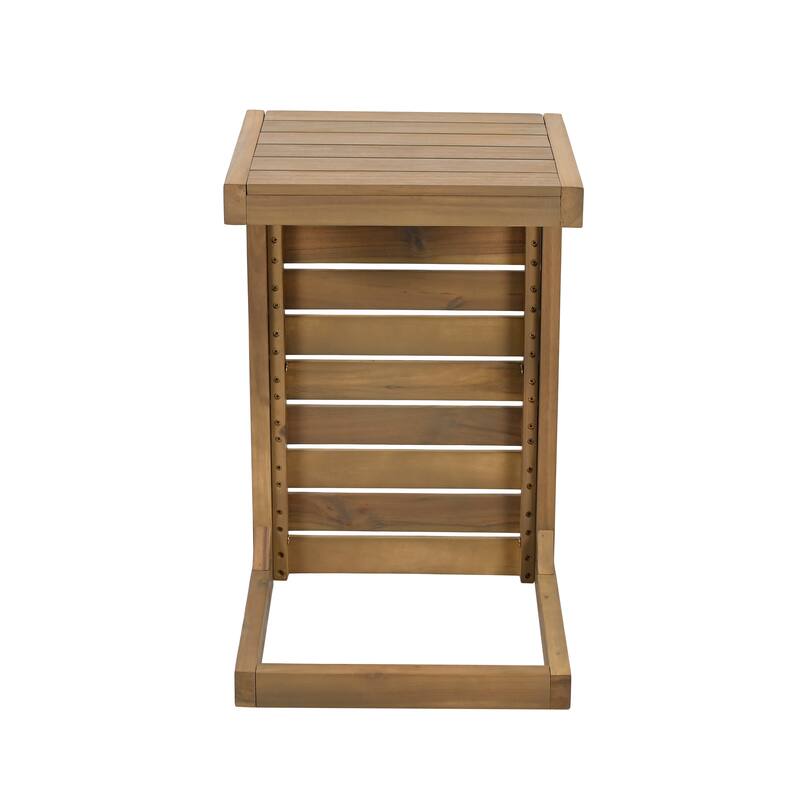 Roomfitters C-Shaped End Table, Slatted Wood Accent Table for Sofa or Patio, Compact Side Table in Brown