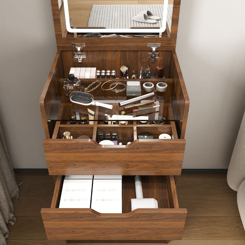 Anmytek Compact Vanity Desk with Flip-Top LED Mirror & Stool Walnut Finish 4-Drawer Nightstand