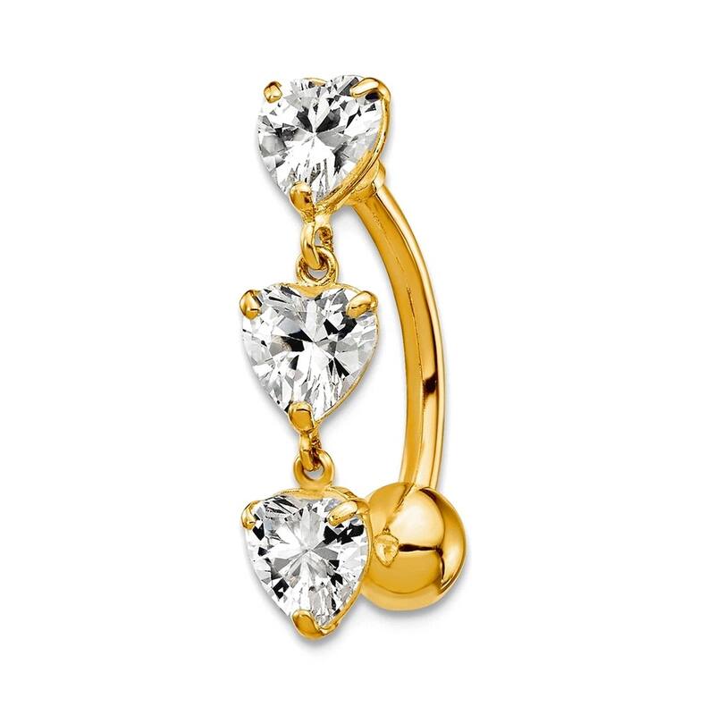 Curata Solid 10k Yellow or White Gold 14g 5x20mm Cubic Zirconia Heart Belly Ring Dangle - Yellow Gold