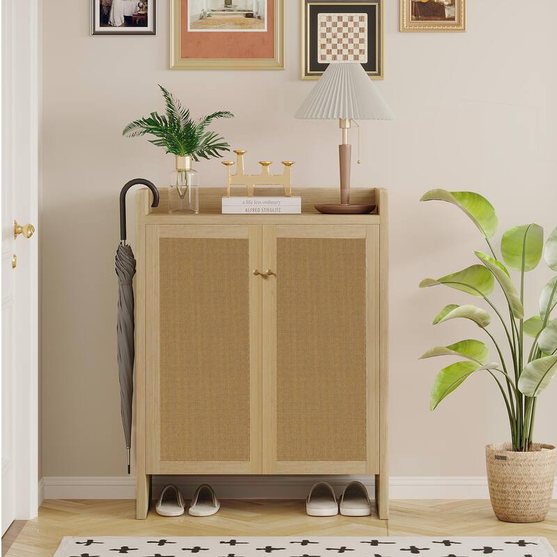 Anmytek Walnut Rattan Shoe Cabinet with Doors and 6 Tier Adjustable Shelves Wooden Entryway Shoe Organizer