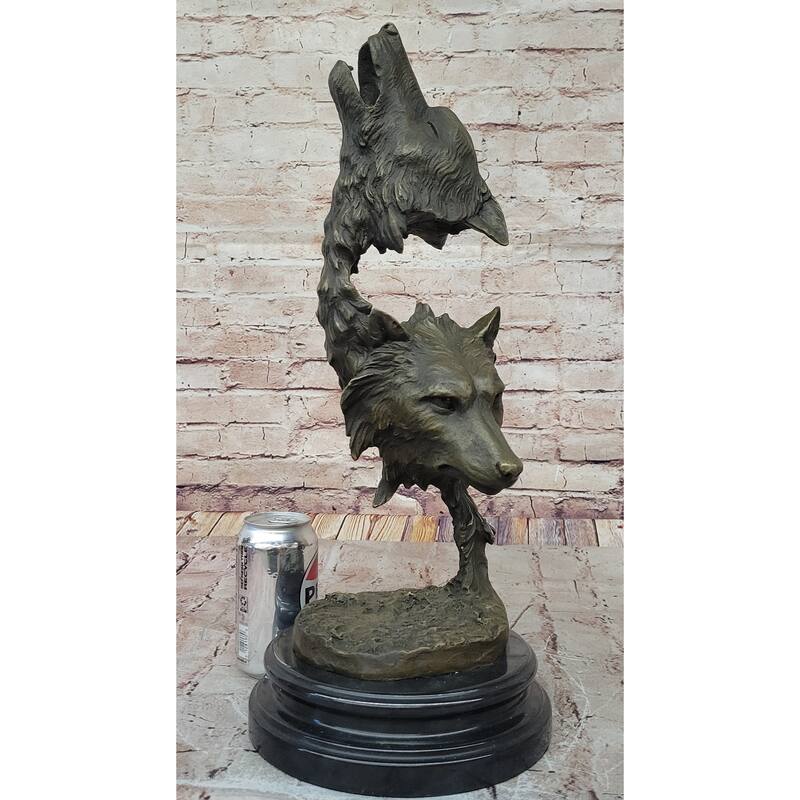 Howling Wolves Bronze Sculpture – Striking Dual Imitative Wolf Heads On Marble Base