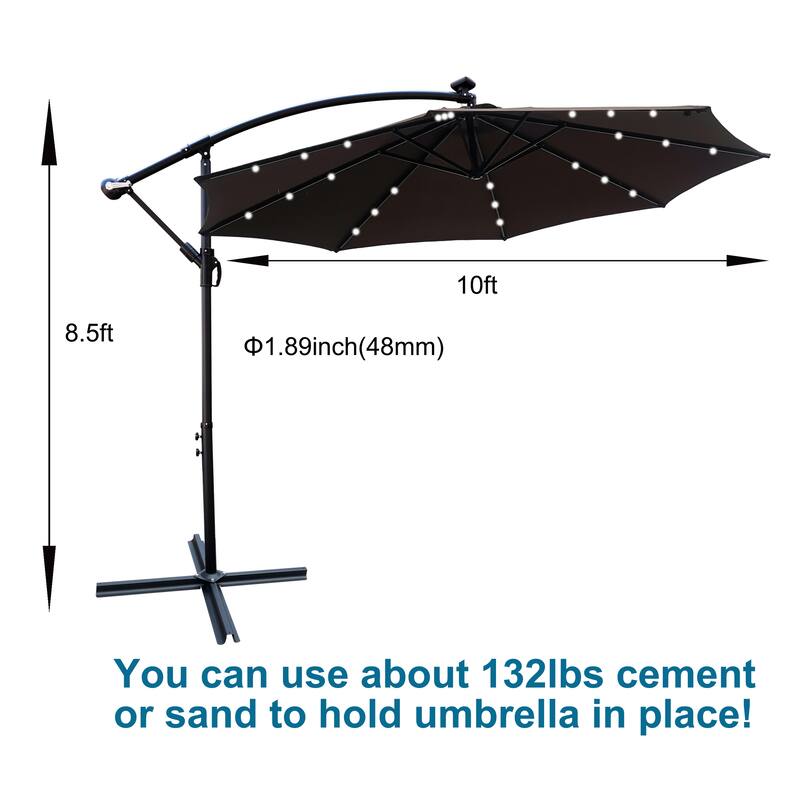 10ft Patio Umbrella Solar Powered LED Lighted Sun Shade Market Waterproof 8 Ribs Umbrella with Crank and Cross Base for Garden