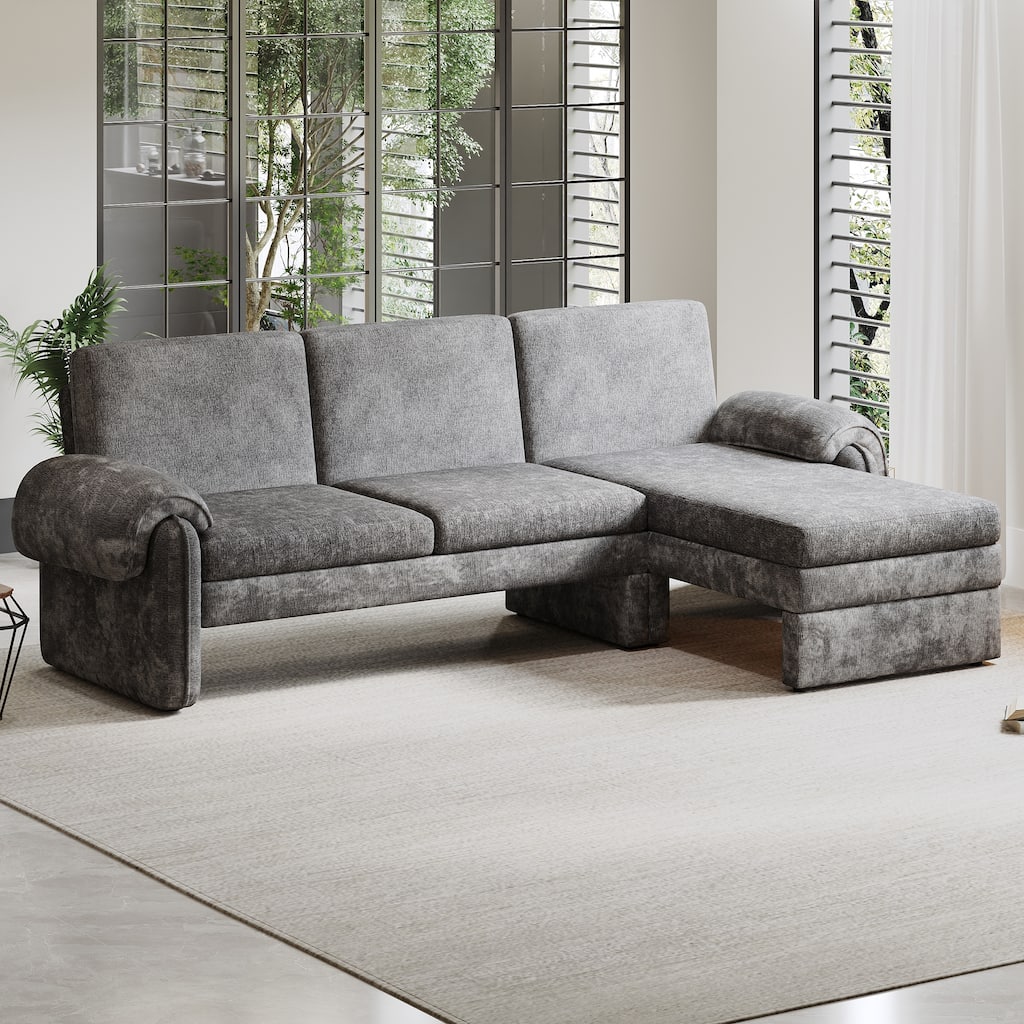 94.1" Convertible Futon Sofa Bed, Adjustable Backrest, Reversible Chaise, Detachable Pillows, Gray Chenille, Living Room