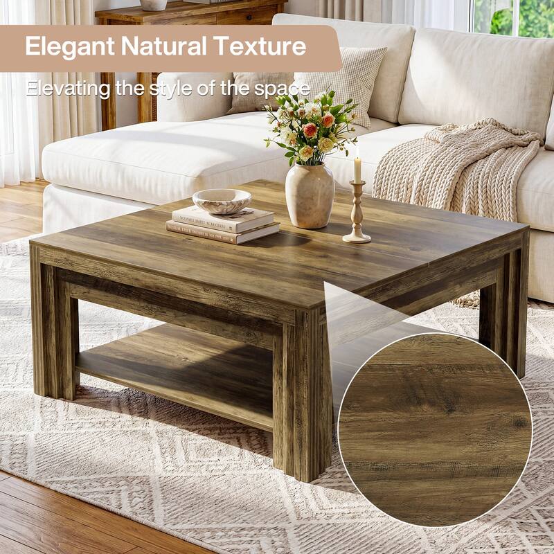 39 Inch Square Coffee Table, Rustic Farmhouse Center Tea Table