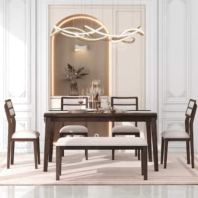Dining Room 6 - Piece Wooden Dining Set with Rectangular Dining Table and Upholstered Dining Chairs & Bench Seating