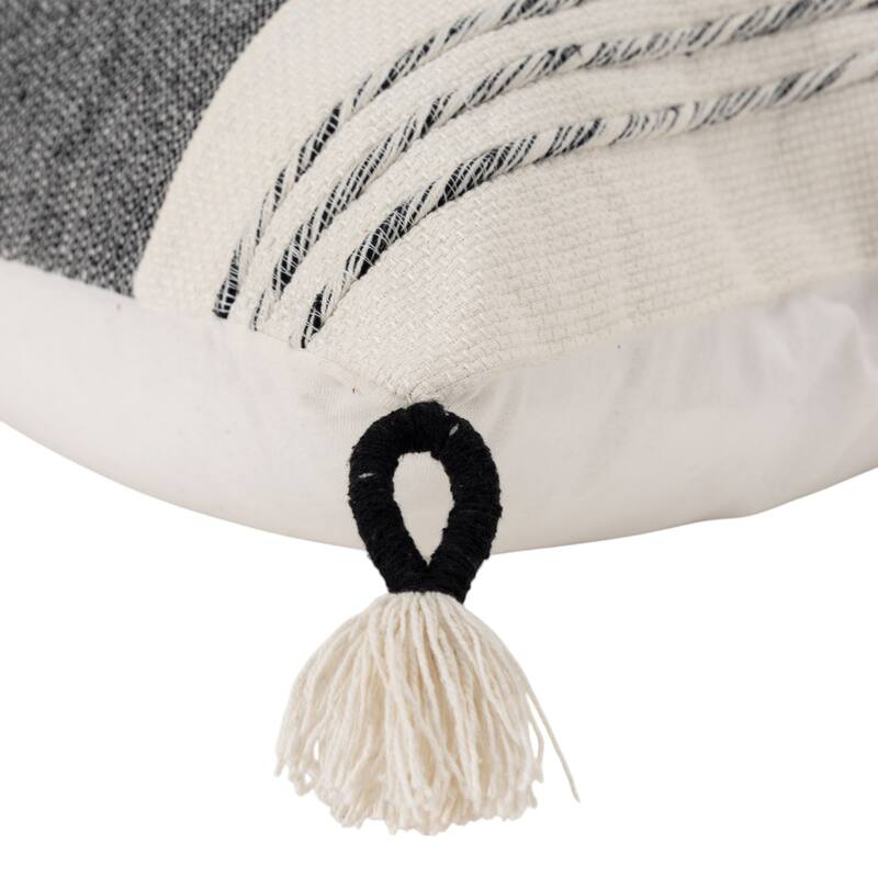 HomeRoots 20" White and Black Striped Cotton Throw Pillow with Tassels and Texture