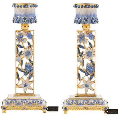 Matashi Shabbat Candlestick (2-Piece Set) Hand-Painted, Gold-Plated Pewter | Adorned w/ Pomegranates and Flowers (Blue)