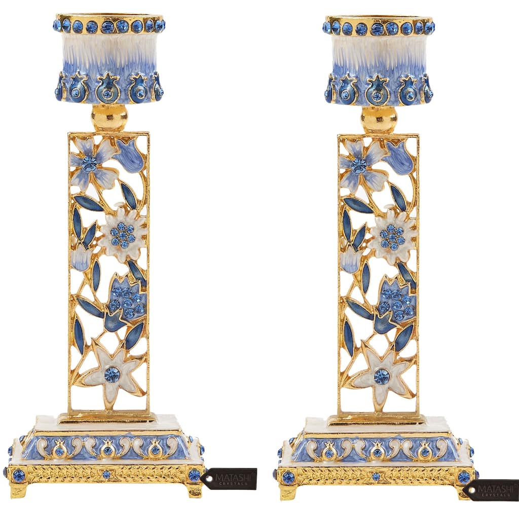 Matashi Shabbat Candlestick (2-Piece Set) Hand-Painted, Gold-Plated Pewter | Adorned w/ Pomegranates and Flowers (Blue)
