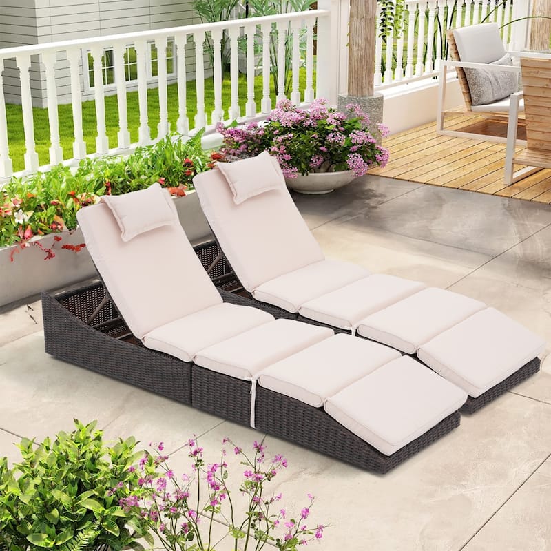 2 Pieces Wicker Cushioned Chaise Lounge Adjustable Recliner - Beige