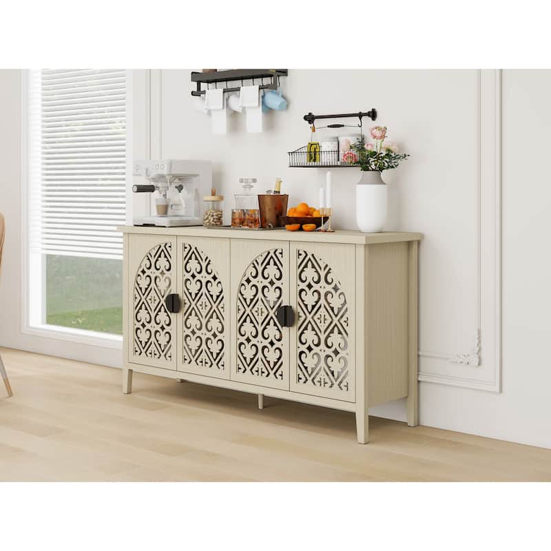 Symmetrical Carved Buffet, Storage Cabinet with Adjustable Shelves, Hollowed-out Accent Cabinet with Wood Feet