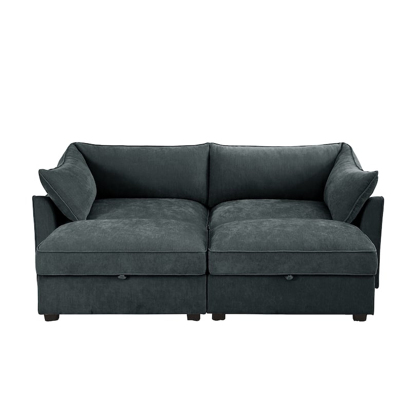 2-Seater Loveseat with 2 Movable Ottoman & Pull out Storage Drawer Under