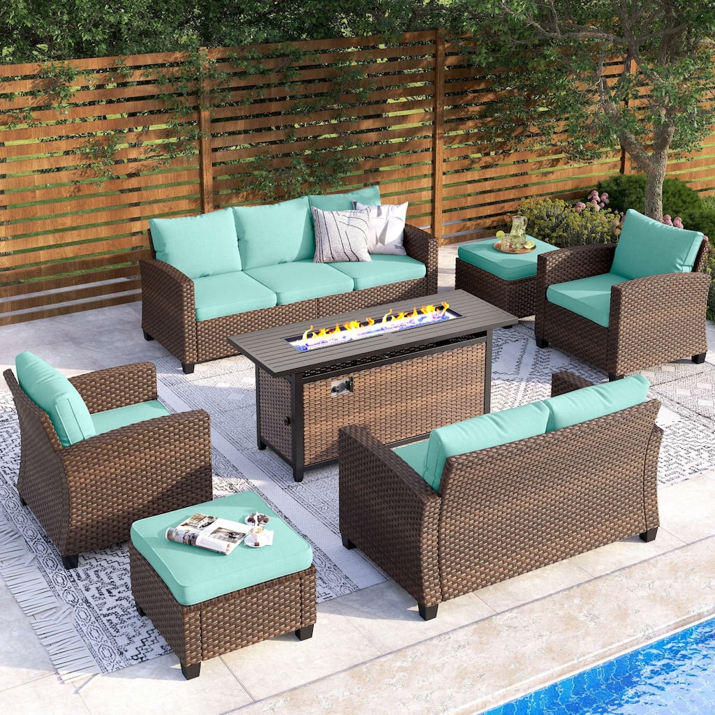 9-Seat Patio Furniture Wicker Rattan Outdoor High-back Sectional Sofa Conversation Set with Firepit Table