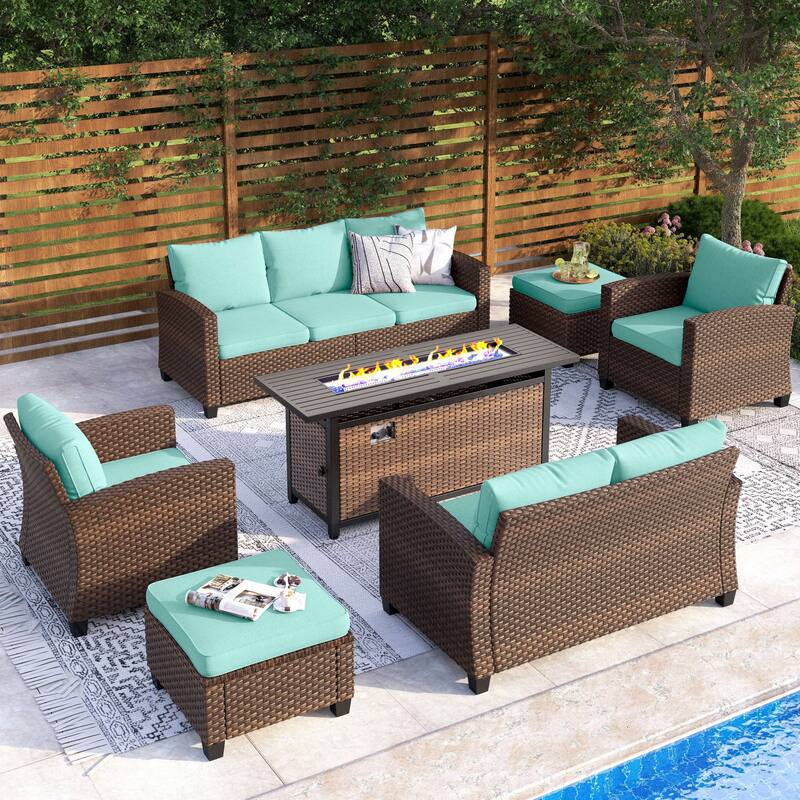 9-Seat Patio Furniture Wicker Rattan Outdoor High-back Sectional Sofa Conversation Set with Firepit Table - 9 Seats + 56" Fire Pit - Lake Blue