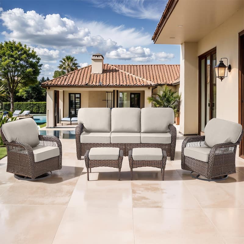 Pocassy Swivel Chair with Outdoor Sofa Ottoman Funiture Set. - Brown Wicker Beige Cushion - 5-Piece Sofa Swivel Chair with Ottoman