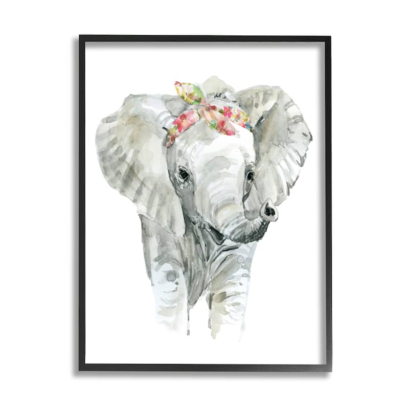 Stupell Chic Baby Elephant with Floral Print Hair Tie Framed Wall Art - Grey - 16 x 20 - Black