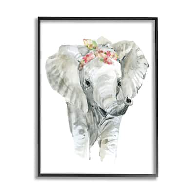 Stupell Chic Baby Elephant with Floral Print Hair Tie Framed Wall Art - Grey