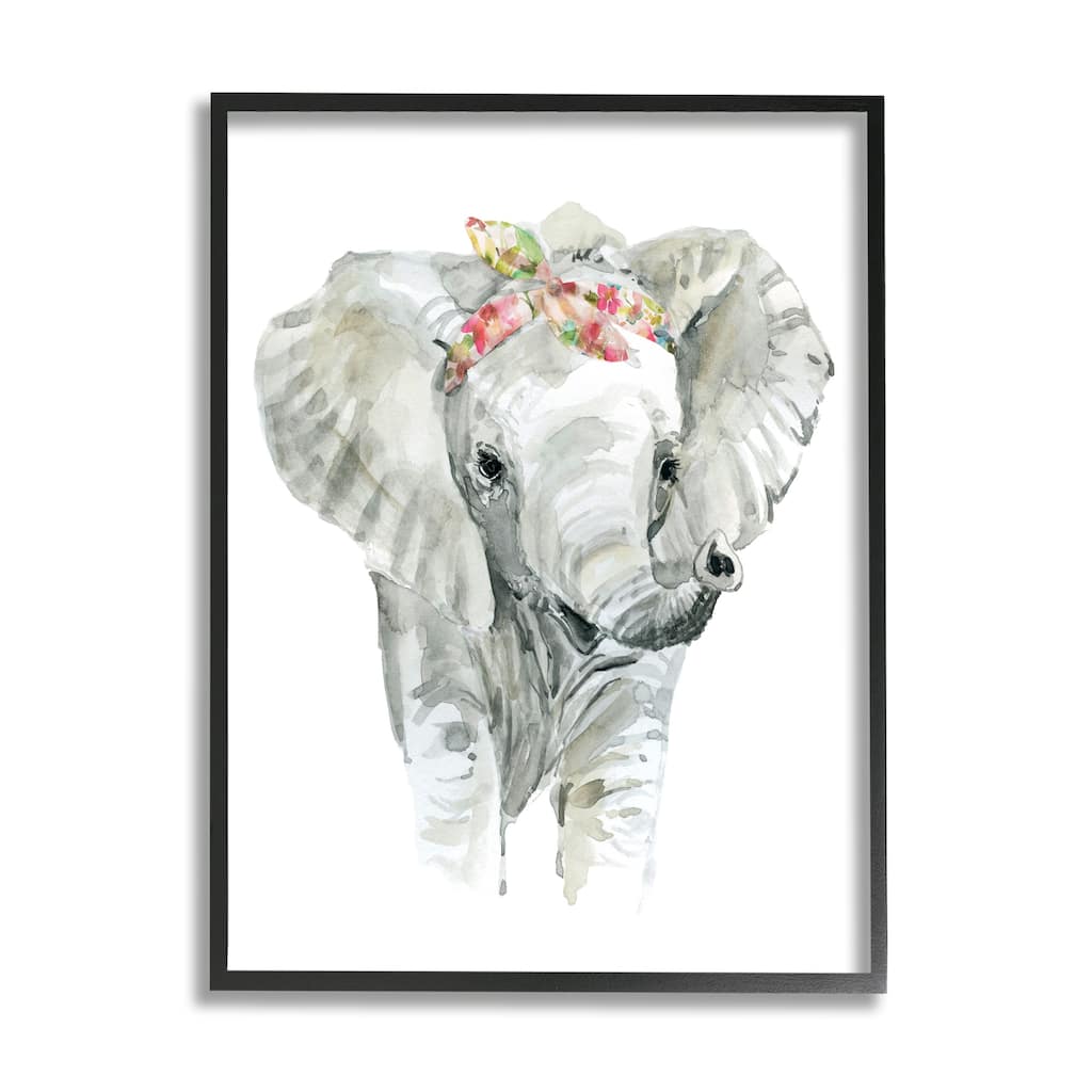 Stupell Chic Baby Elephant with Floral Print Hair Tie Framed Wall Art - Grey