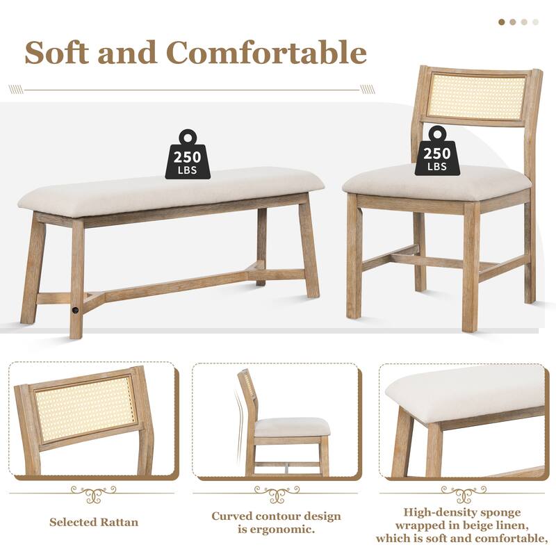 6-piece Retro Farmhouse Style Dining Set, Rectangular Table and 4 Upholstered Chairs with Rattan and Bench