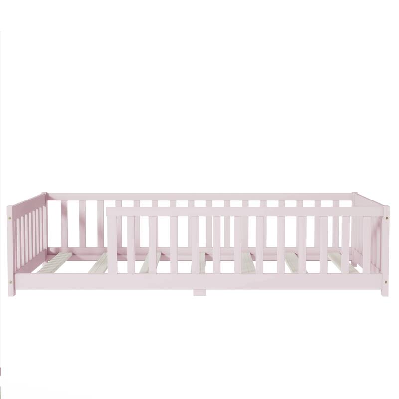 Twin Size Floor Bed with Fence without Door, Rubber Wood Floor Bed with Safety Guardrails