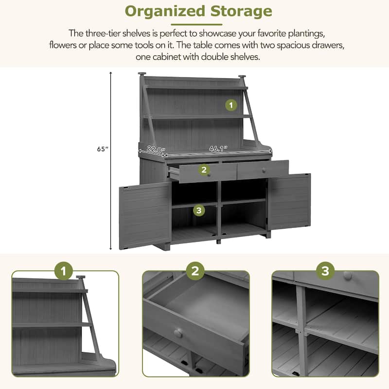 Fir Wood Workstation with Storage Shelf, Drawer and Cabinet, 65inch Garden Potting Bench Table