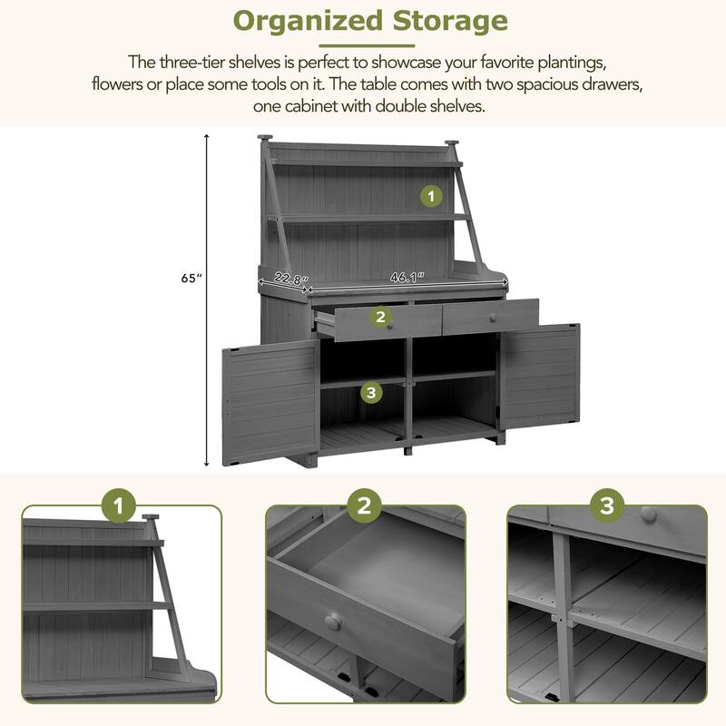 Outdoor Potting Bench Table, Gardening Workstation with Open Storage Shelves, Fir Wood Workstation with 2 Drawers and Cabinet