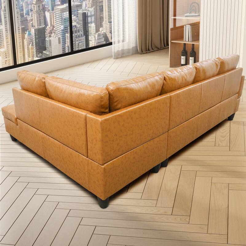 L-Shaped PU Leather Sofa & Chaise with Ottoman