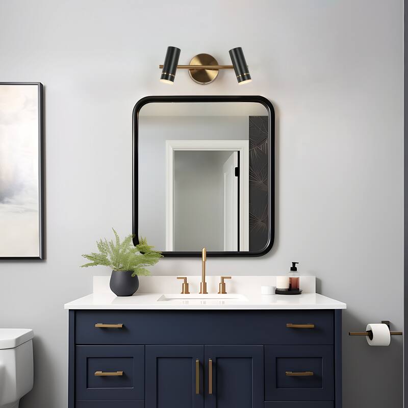 Modern Black Gold 2-Light LED Bathroom Vanity Light with Cylinder Shades - 16" L x 7.5" W x 6.5" H
