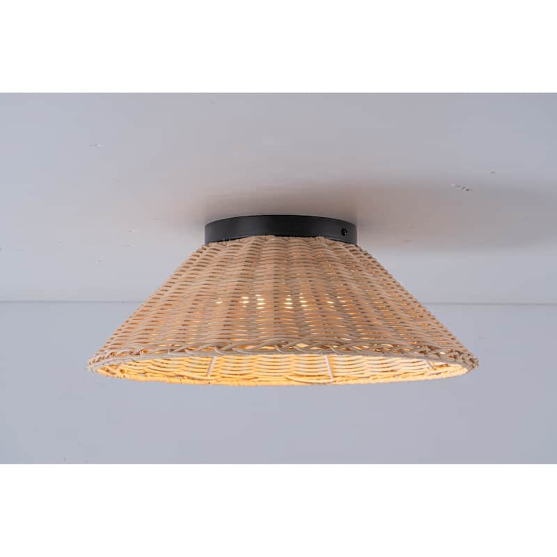 Modern Farmhouse Woven Rattan Umbrella Cone-Shaped Flush Mount Integrated LED Ceiling Light - Beige - 13.4"W x 4.5"H