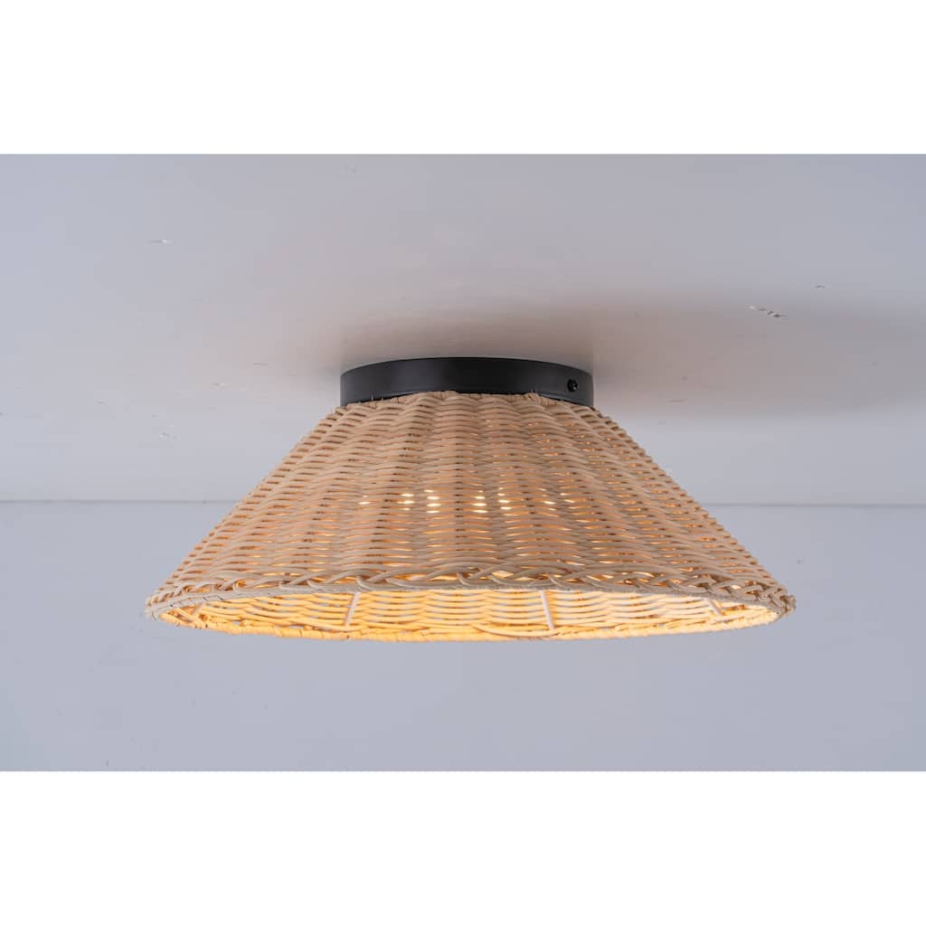 Modern Farmhouse Woven Rattan Umbrella Cone-Shaped Flush Mount Integrated LED Ceiling Light - Beige - 13.4"W x 4.5"H