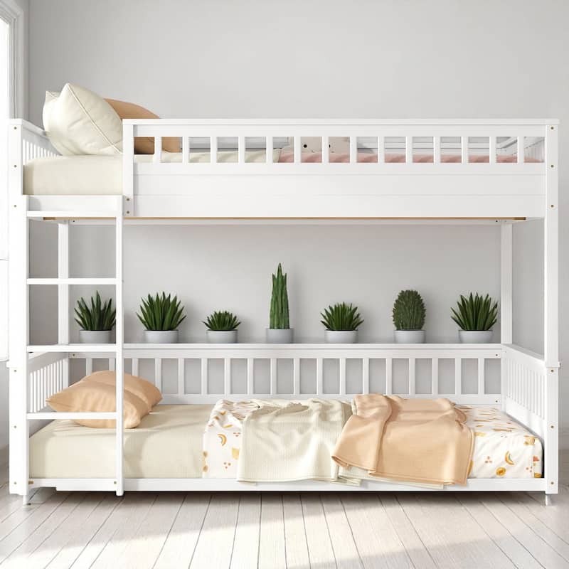 Convertible Twin XL Over Queen Size Bunk Bed with Safety Rails, Ladder and Wood Slats, No Box Spring Needed