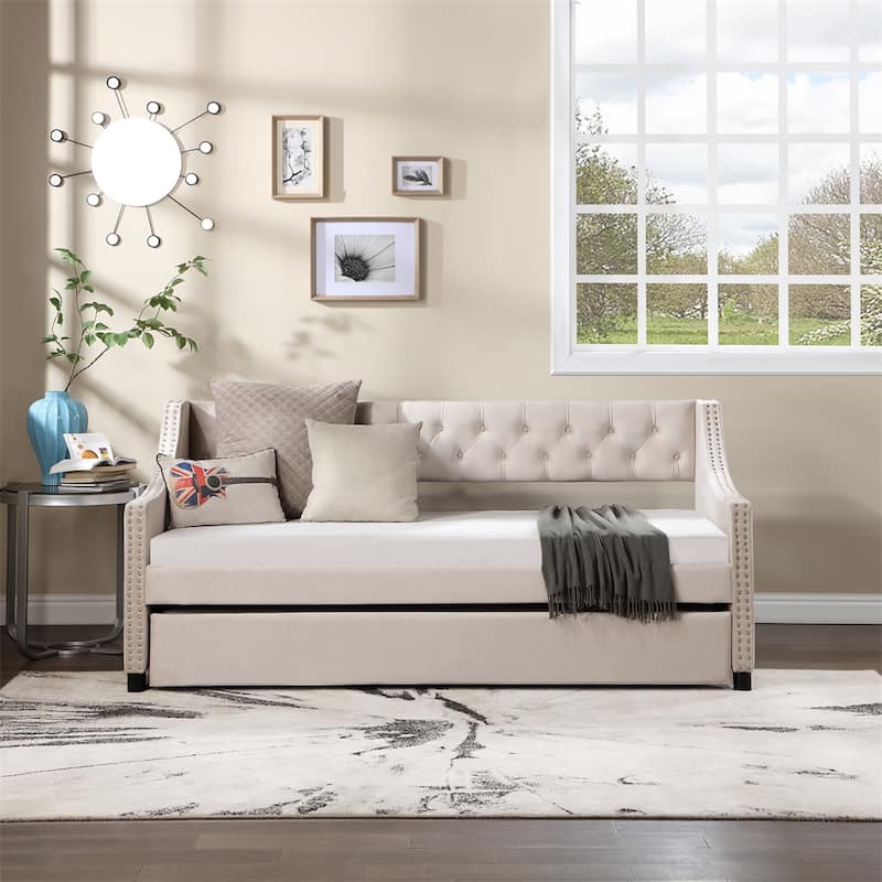 Full Size Daybed with Trundle Upholstered Tufted Sofa Bed with Button