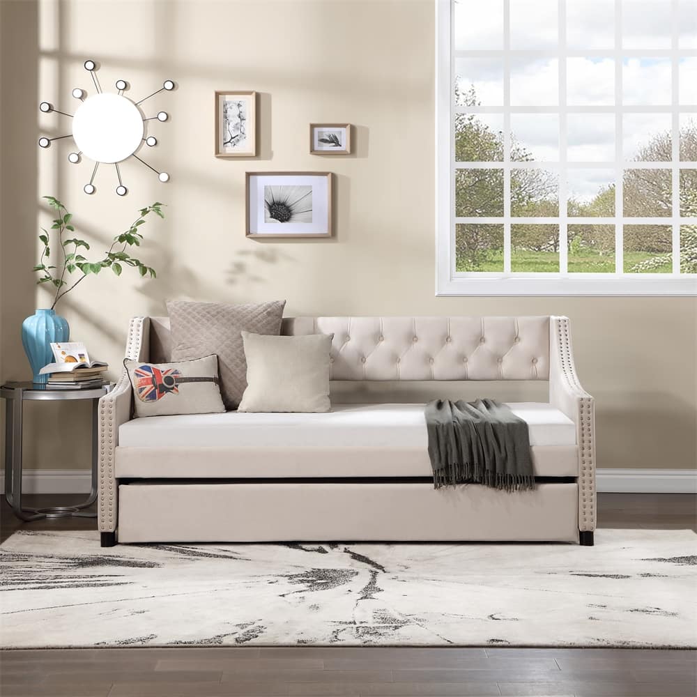 Full Size Daybed with Trundle Upholstered Tufted Sofa Bed with Button