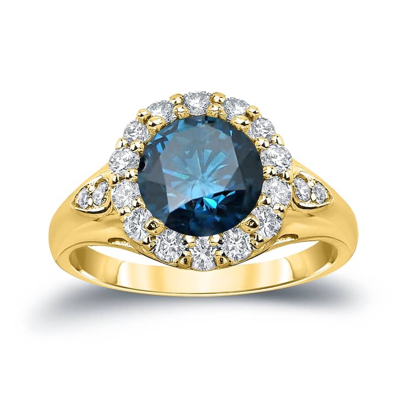 Auriya 14k Gold 3 1/3ctw Round Halo Blue Diamond Engagement Ring (H-I, SI1-SI2) - Yellow - 4