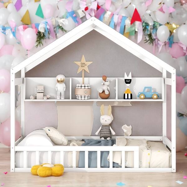 slide 2 of 18, Twin Size Wooden House Bed Kids Bed with Storage Shelf White