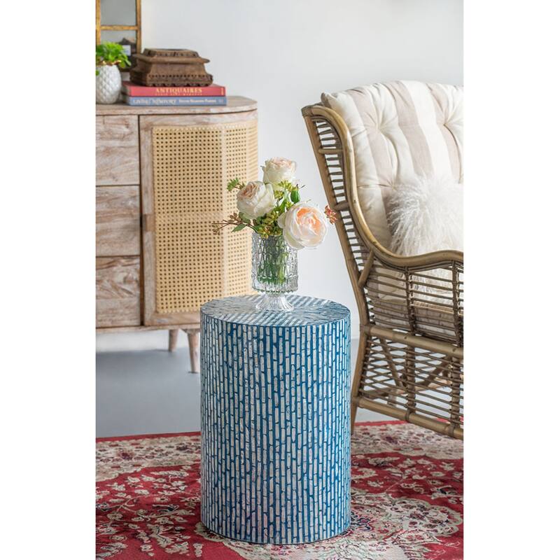 Geometric Capiz Shell Inlay Accent Stool - 19.5" - Blue and White